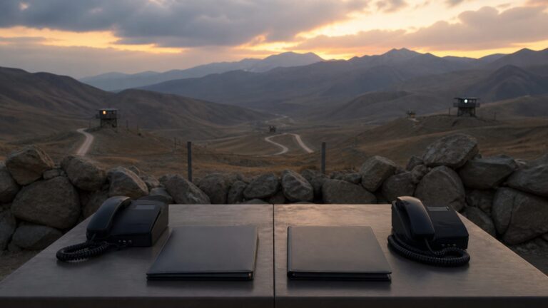 Highland buffer zone viewed beyond an empty diplomatic table with secure telephones