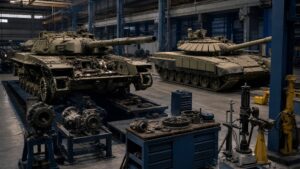 T-72 and T-90 style tanks at different stages of overhaul inside a maintenance facility