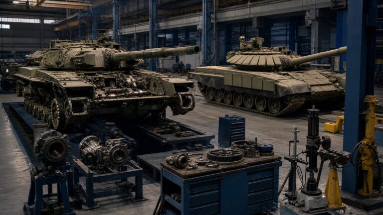 T-72 and T-90 style tanks at different stages of overhaul inside a maintenance facility