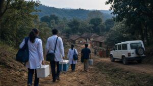 Mobile health team travelling through forested terrain to a remote tribal village