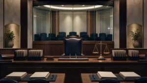 Empty tribunal hearing room with judicial scales, case files and a transparent oversight chamber