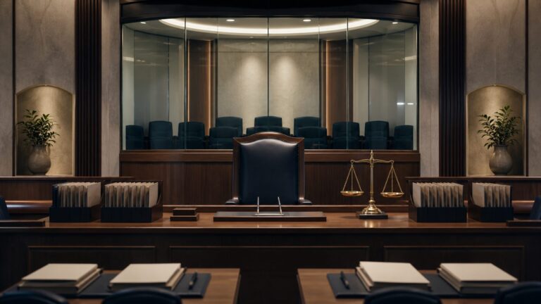 Empty tribunal hearing room with judicial scales, case files and a transparent oversight chamber