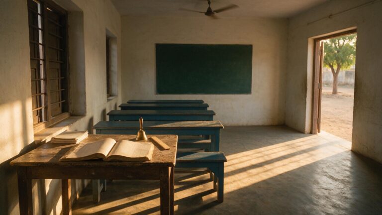 An empty Indian government school classroom in late-afternoon light, with an open attendance register, a brass hand bell and exercise books on the teacher's table and rows of empty desks behind.
