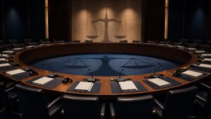 International treaty review chamber with desks, microphones and case files
