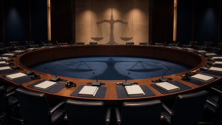 International treaty review chamber with desks, microphones and case files
