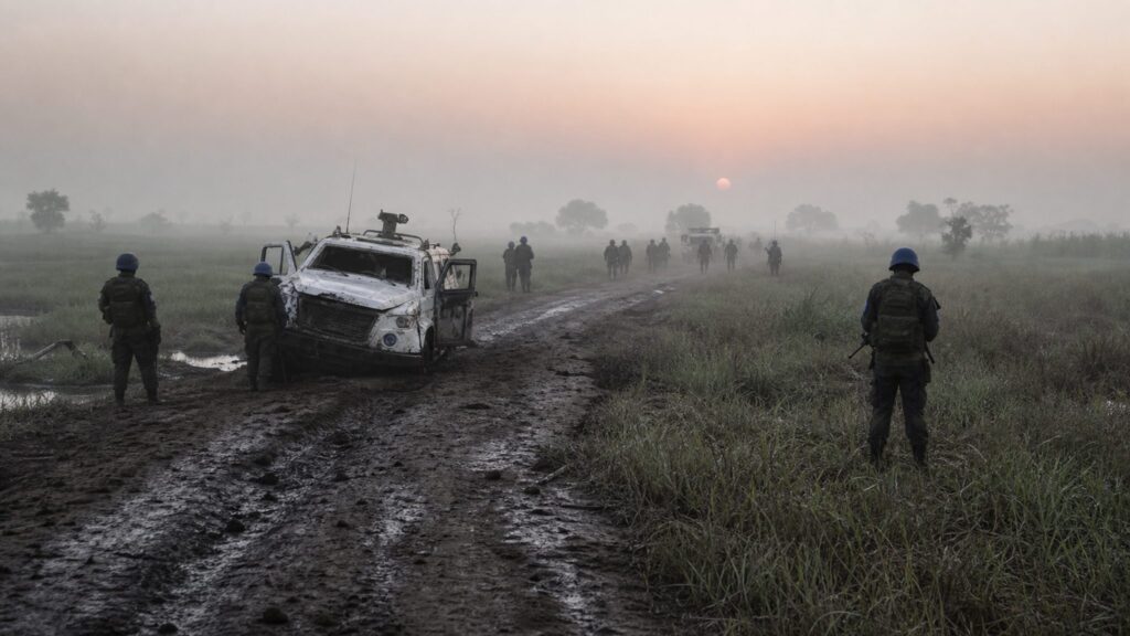 Anonymous United Nations peacekeepers securing a patrol route in South Sudan after an ambush