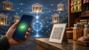 Anonymous customer using a smartphone payment at a small shop counter within a secure digital network
