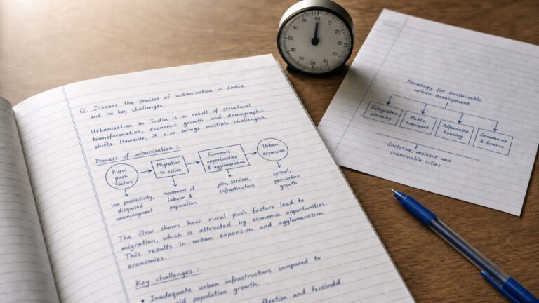UPSC aspirant practising compact handwritten flow diagrams using a blue ballpoint pen.