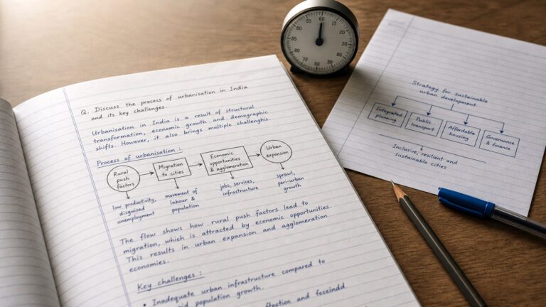 UPSC aspirant practising a compact labelled diagram within a handwritten Mains answer.