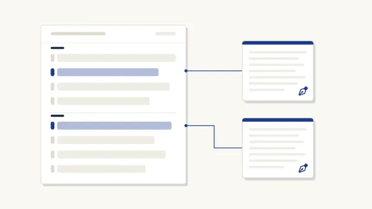 A printed essay paper holding two sections of four topics each, with one topic in each section highlighted and running to an answer booklet that has been written in, while the other six stay unattempted