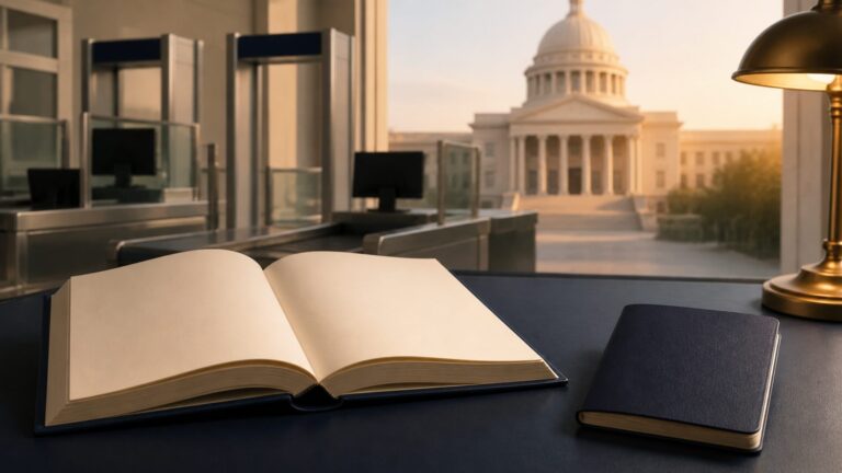 Open constitutional law book and blank passport near a courthouse and immigration desk