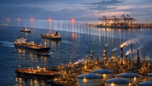 Oil tankers and an Indian refinery facing a symbolic U.S. customs barrier