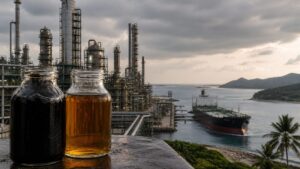 Heavy and light crude samples beside a complex Gulf Coast refinery and arriving oil tanker