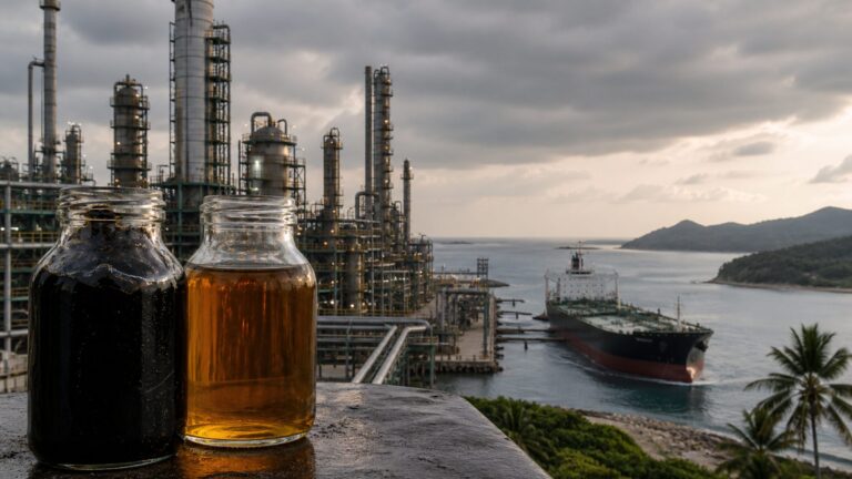 Heavy and light crude samples beside a complex Gulf Coast refinery and arriving oil tanker