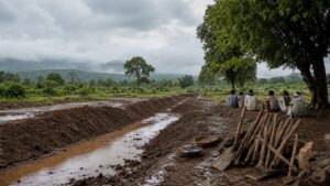 A quiet rural public-works site with tools, an unfinished water-conservation trench and workers waiting in the distance