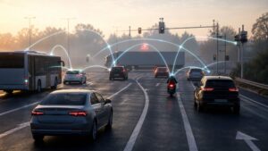 Connected vehicles exchanging safety warnings at a multilane junction