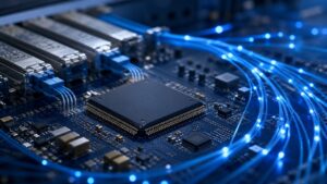 Broadband networking system-on-chip on a fibre-optic router circuit board