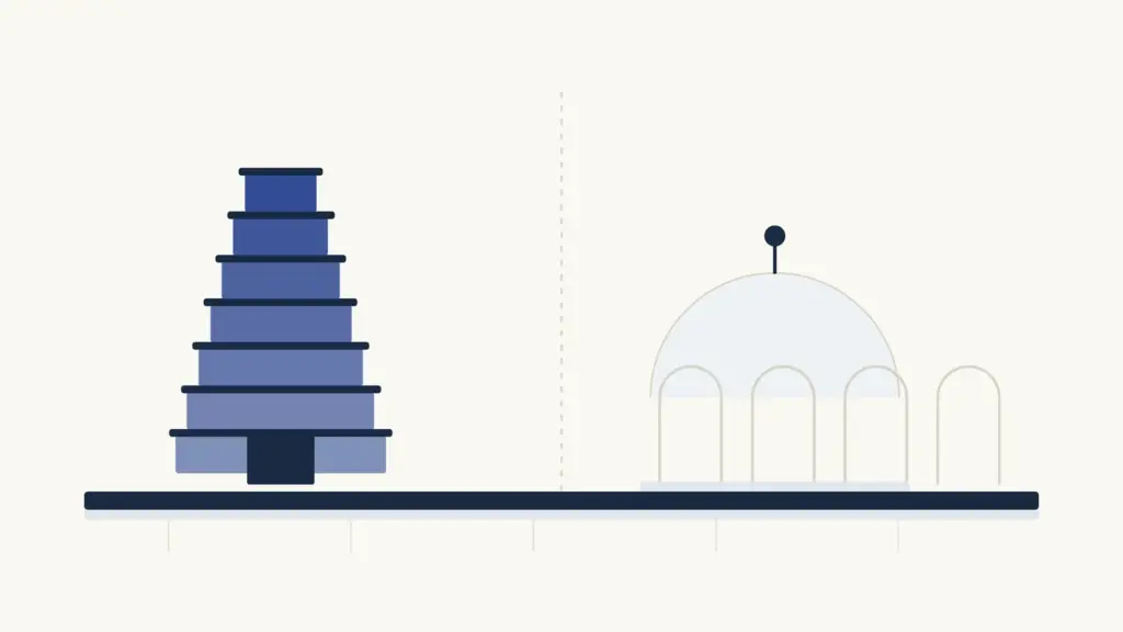A tiered Vijayanagara gopuram tower beside an arcaded domed pavilion, both standing on one continuous shared plinth