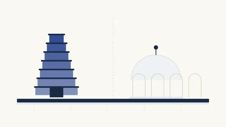 A tiered Vijayanagara gopuram tower beside an arcaded domed pavilion, both standing on one continuous shared plinth