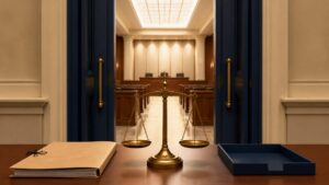 Symbolic tribunal entrance showing the balance between court fees and access to justice