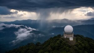 Weather radar dome overlooking monsoon clouds and forested hills in Wayanad