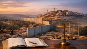 Olive grove divided by barriers with settlement construction and international law scales