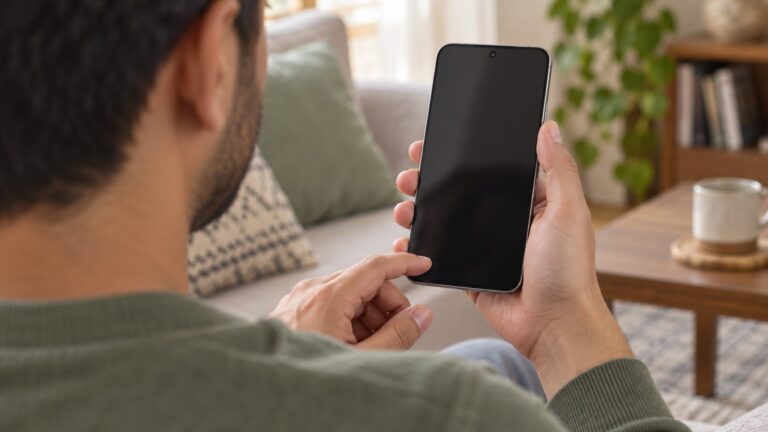 Illustrative person holding a smartphone with its front-facing camera visible
