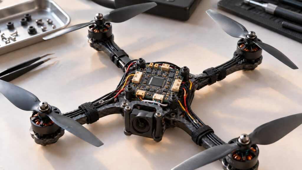 Illustrative quadcopter with an exposed flight-controller board on a workbench