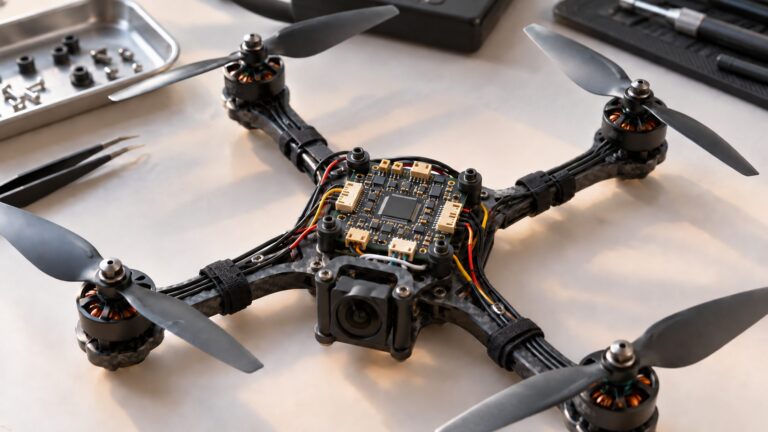 Illustrative quadcopter with an exposed flight-controller board on a workbench
