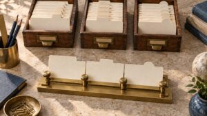 Separate trays of blank records with cards aligned by a brass guide