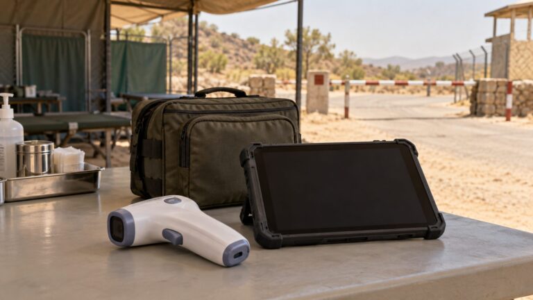 Illustrative screening equipment beside a shaded health checkpoint at a land crossing