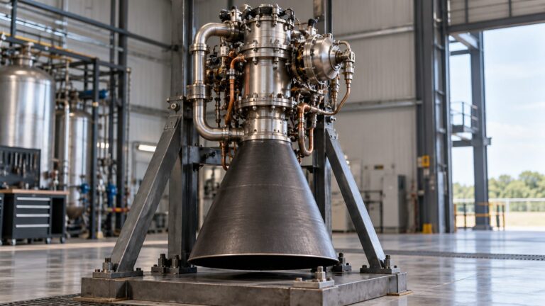 Illustrative unbranded rocket engine mounted in a test bay, showing its bell and feed lines