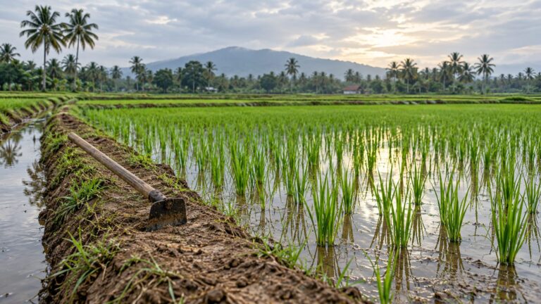 Illustrative paddy field with a hand hoe beside an earthen bund.