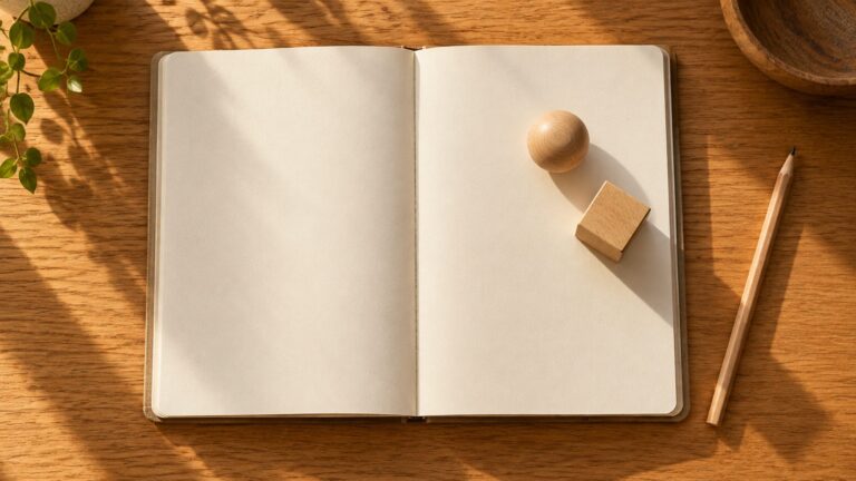 Blank notebook with wooden sphere and cube beside a plain pencil in warm window light