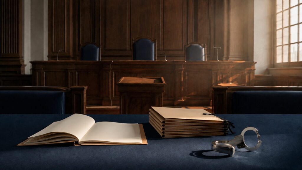 An empty courtroom with case files and an unlocked restraint symbolising judicial review of preventive detention