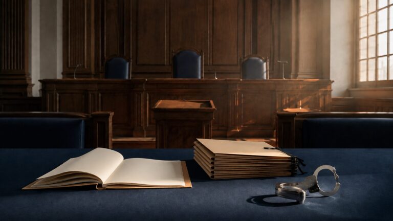An empty courtroom with case files and an unlocked restraint symbolising judicial review of preventive detention