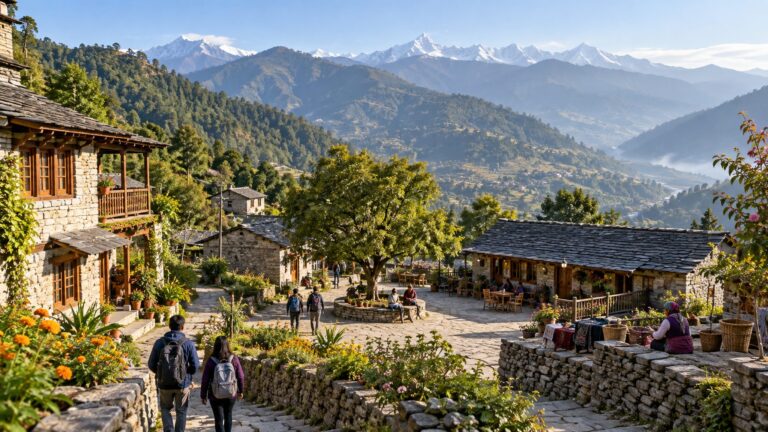 Illustrative foothill village with guesthouses, footpaths and green mountain ridges