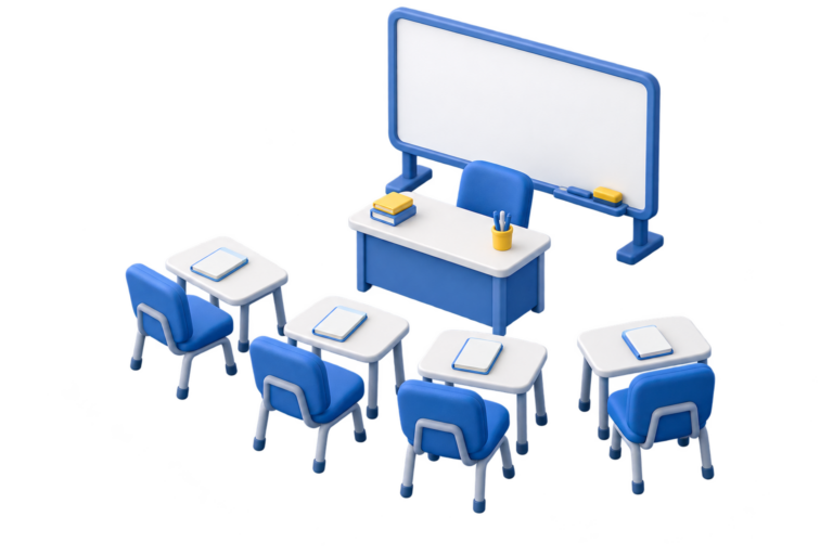 Illustration of a small classroom with individual desks and a teaching board