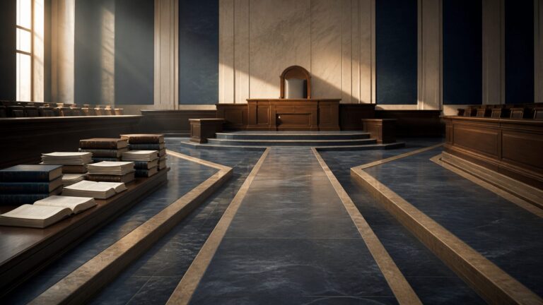 Three pathways, including one lined with legal scholarship, converge on an empty judicial chair