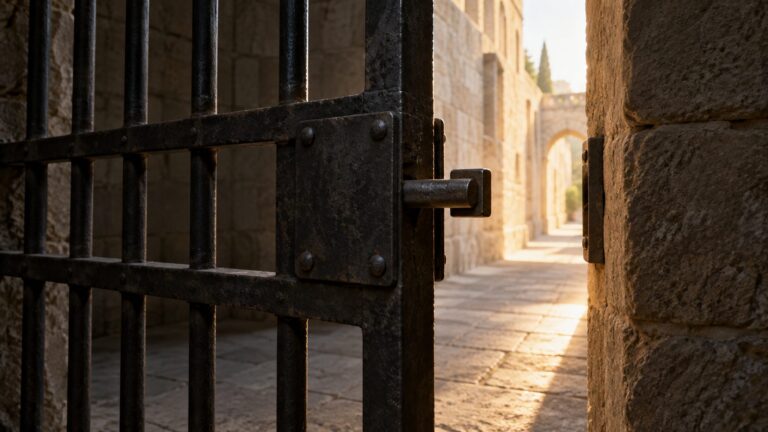 Conceptual illustration of an open iron gate and daylight beyond a stone passage