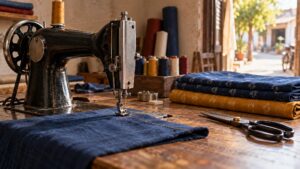 Unbranded sewing machine and folded cloth in an illustrative tailoring workshop