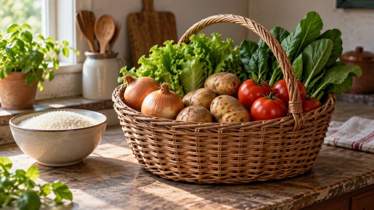 Illustrative basket of household vegetables beside a bowl of rice in daylight