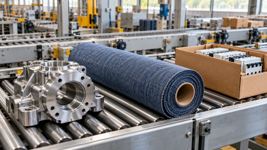 Illustrative machined metal component, textile roll and electrical components on a factory conveyor