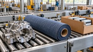 Illustrative machined metal component, textile roll and electrical components on a factory conveyor
