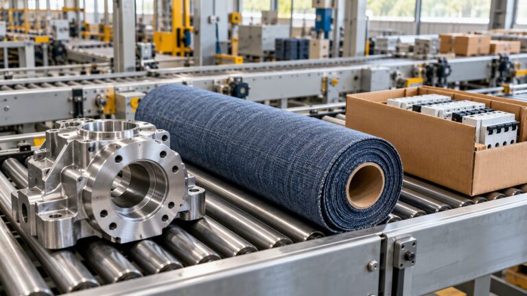 Illustrative machined metal component, textile roll and electrical components on a factory conveyor
