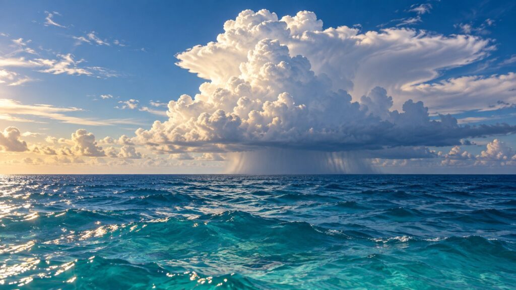 Illustrative tropical ocean beneath a towering cumulonimbus cloud