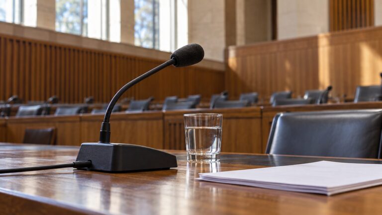 Illustrative microphone at an empty parliamentary hearing table