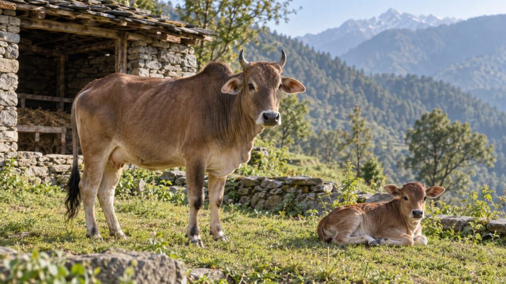 Illustrative Himalayan indigenous cow and calf beside a rural stone cattle shelter