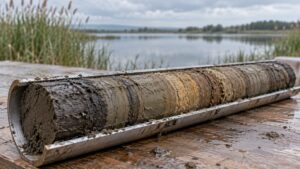 Illustrative sediment core in an open sampling sleeve beside a lake