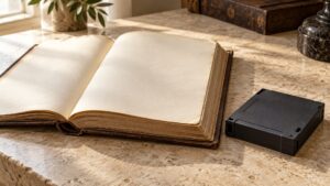 Illustrative blank banking ledger beside an unbranded digital storage cartridge